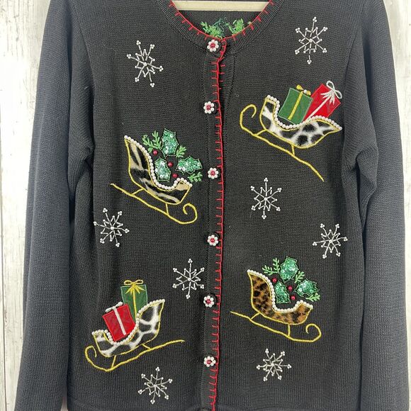 BP Design Ugly Christmas Sweater Cardigan Beaded Sz S Black Sequin Sleds Holiday - Picture 4 of 9